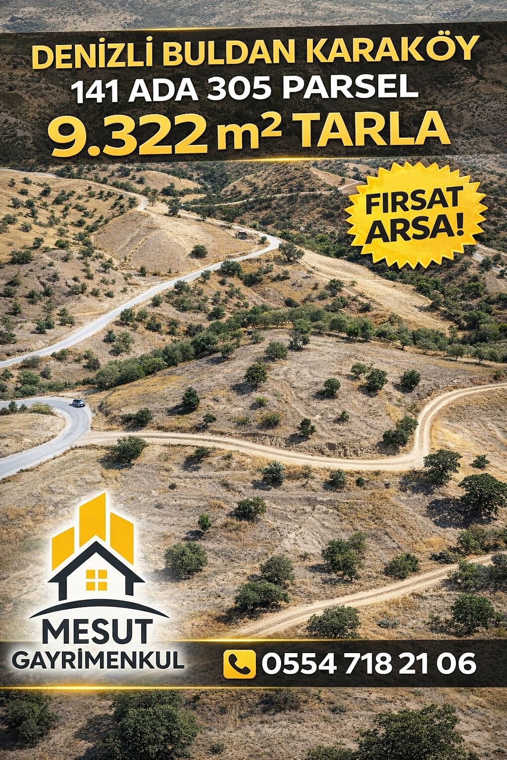 Denizli Buldan Karaköy Tek Tapu 9322 m2 Tarla Yola cepheli